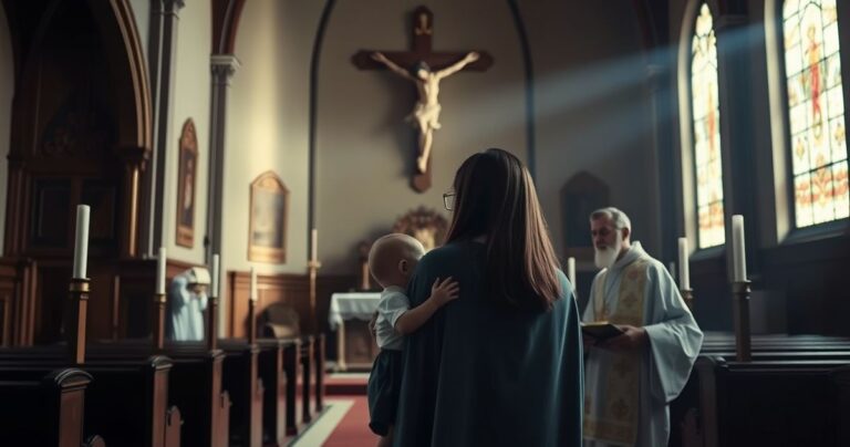 Reverentna scena w tradycyjnej katolickiej świątyni z matką i dzieckiem, podkreślająca znaczenie naturalnego rodzicielstwa i wartości moralnych