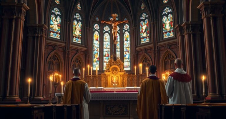 Tradycyjny katolicki obraz ołtarza z krucyfiksem i kapłanami podczas Mszy, ukazujący głęboką pobożność i szacunek dla sakramentu.