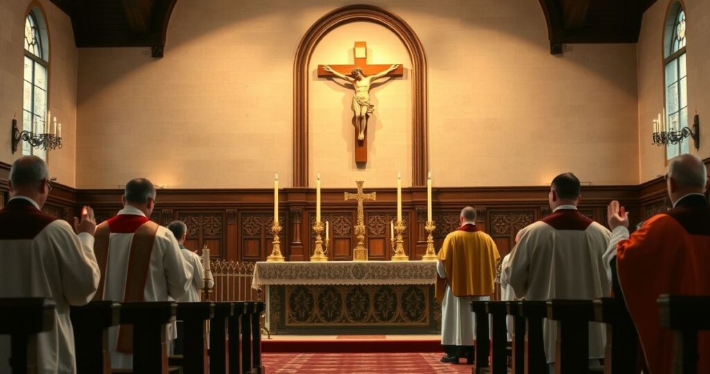 Obraz katolicki ukazujący tradycyjną liturgię na ołtarzu z krucyfiksem i kapłanami modlącymi się w duchu pokory i czci, odzwierciedlający powagę wiary katolickiej w obliczu ekumenicznego kryzysu