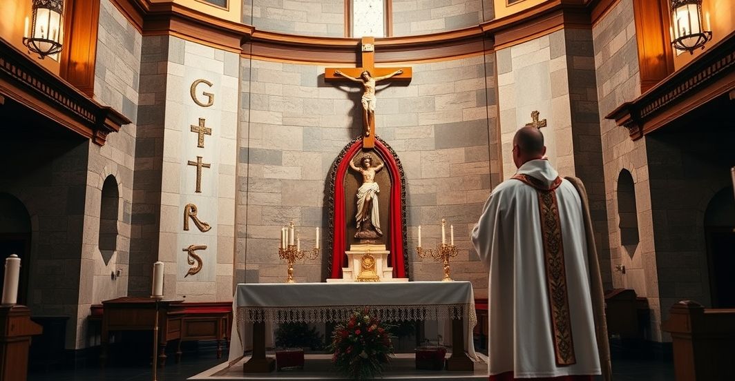 Katolickie wyobrażenie moralnej walki i potrzeby odnowy duchowej Rewersyjne, pełne szacunku zdjęcie katolickiego kapłana przy ołtarzu, symbolizujące moralną konieczność odnowy duchowej i krytykę współczesnego chaosu moralnego