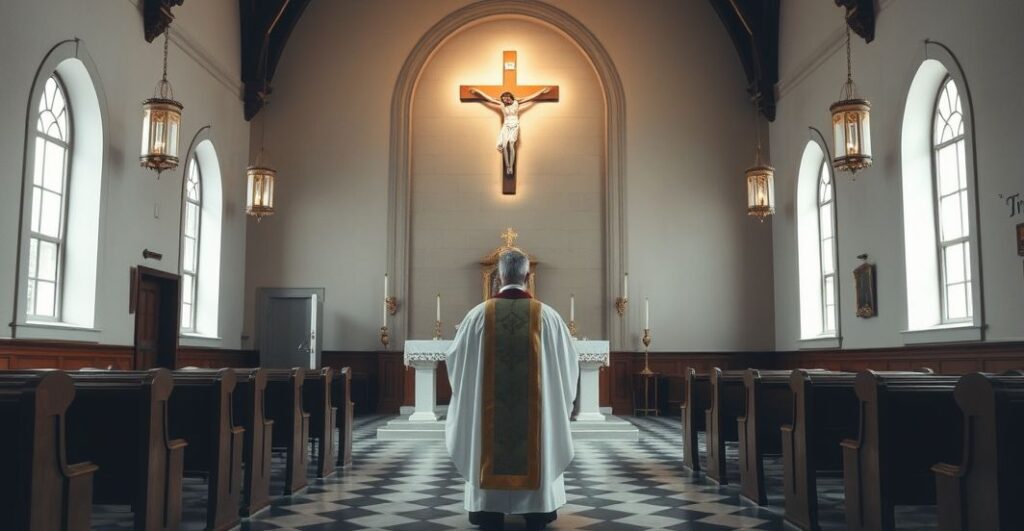 Sanktuarium katolickie z kapłanem w liturgii, wyrazem pobożności i tradycji katolickiej, w realistycznym stylu, bez surrealizmu