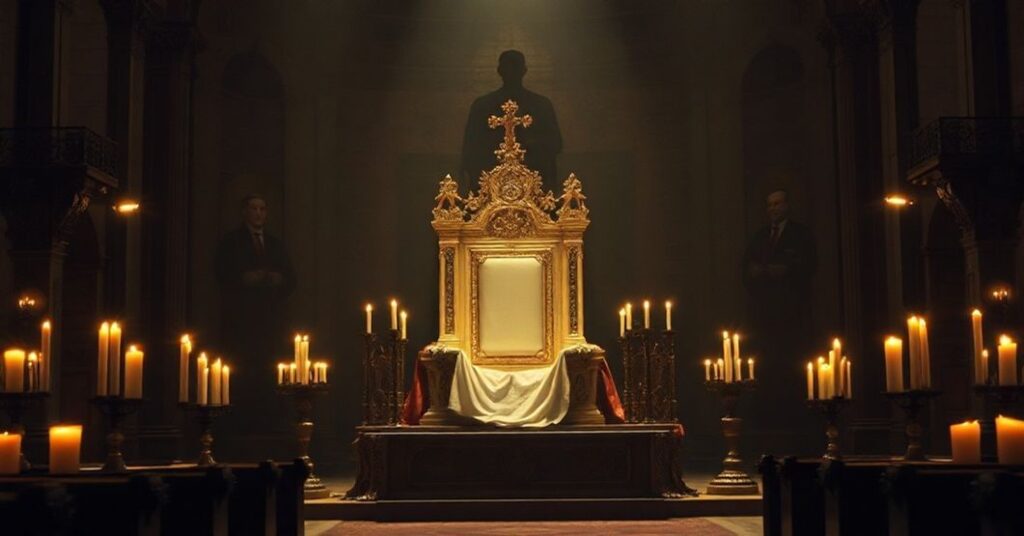 Stary ołtarz katolicki z pustym tronem papieskim otoczony świecami w atmosferze smutku i rozpaczy.