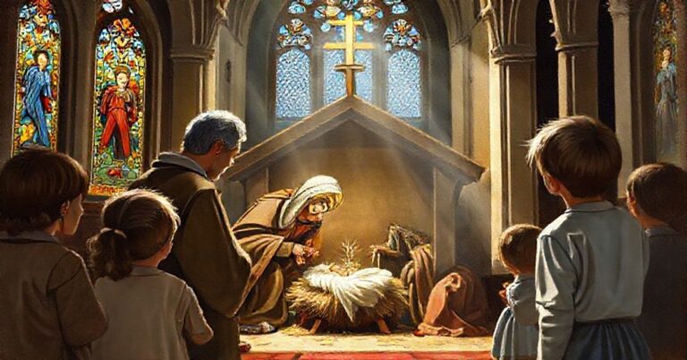 Tradycyjny katolicki artysta maluje poważną scenę Bożego Narodzenia z akcentem na boską tajemnicę Wcielenia. Na tle znajduje się wnętrze kościoła z promieniami słońca przechodzącymi przez witraże z tradycyjną ikonografią katolicką. Scena przedstawia dzieci szanująco obserwujące sakralne dzieło sztuki.