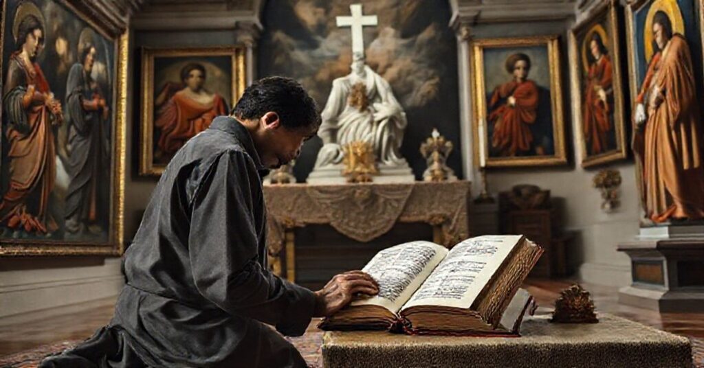 Kneeling Catholic artist in prayer before a traditional altar with classical artworks and a copy of Pius X's encyclical 'Tra le sollecitudini', highlighting the spiritual emptiness of modern materialism.