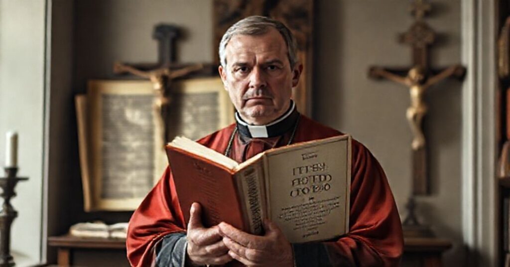 Książę katolicki w tradycyjnych szatach jest w ciemnym studium z zamkniętą książką "Ciało. Arcydzieło siedmiu milionów lat ewolucji" autorstwa Juana Luisa Arsuagi.