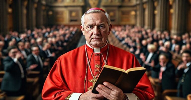 Biskup w tradycyjnych szatach liturgicznych stoi w katedrze z Biblią w ręku, z tyłu widoczny jest chaotyczny parlament z politykami krzyczącymi.