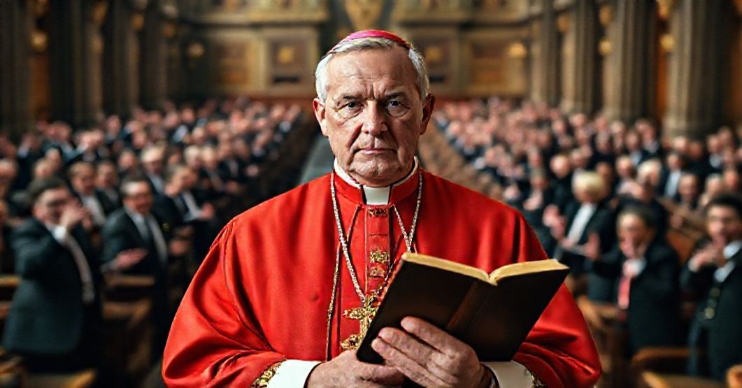 Biskup w tradycyjnych szatach liturgicznych stoi w katedrze z Biblią w ręku, z tyłu widoczny jest chaotyczny parlament z politykami krzyczącymi.