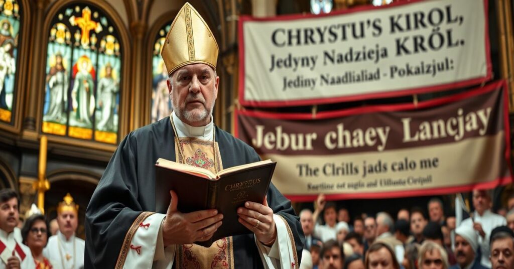 Katolicki biskup w tradycyjnej szacie liturgicznej przemawia do wiernych przed ołtarzem z kopią Suma Teologiczna św. Tomasza z Akwinu w ręku