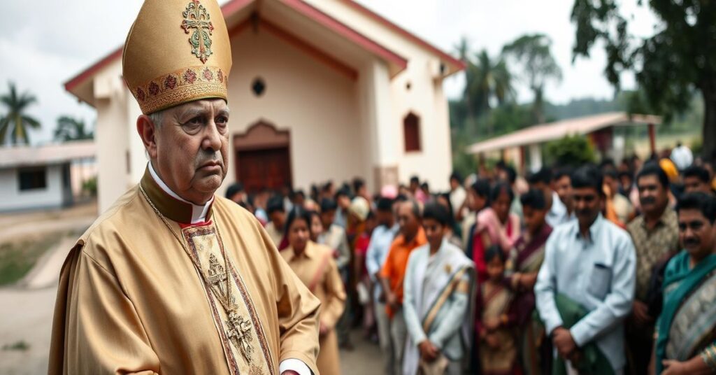 Katylicki biskup w tradycyjnym ornacie stoi przed zgromadzeniem w Bangladeszu z tłem prostej kościoła i krajobrazu. Wyraz twarzy biskupa jest poważny, odzwierciedlając duchowy kryzys humanitaryzmu bez Chrystusa Króla. Zdjęcie podkreśla powagę, tradycję i pilną potrzebę publicznego głoszenia wiary katolickiej.