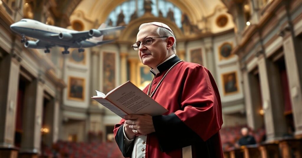 Biskup katolicki w tradycyjnych szatach liturgicznych przed katedrą z encykliką Quas Primas na tle chaosu politycznego