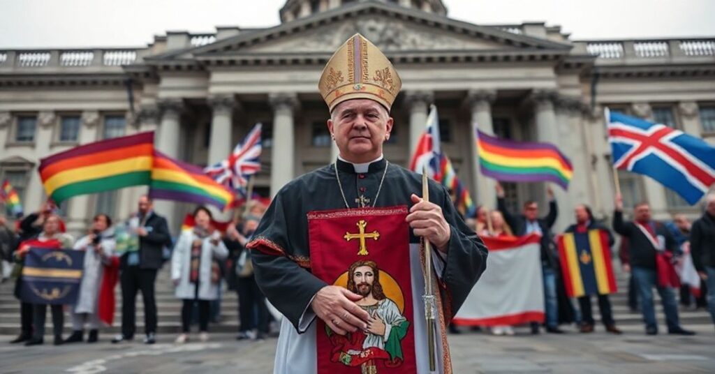 Biskup katolicki stoi przed budynkiem legislacyjnym Kolumbii Brytyjskiej trzymając sztandar z Chrystusem Królem podczas protestu z flagami LGBT i obcymi flagami