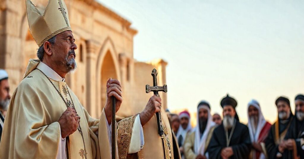 Katolicki biskup w pełnym ornaty stoi przed grupą przywódców religijnych, trzymając krucyfiks. Scena ukazuje konflikt między prawdziwą ewangelizacją a modernistycznym retorykiem "dialogu dla pokoju". Tło przedstawia starożytną architekturę Iraku.