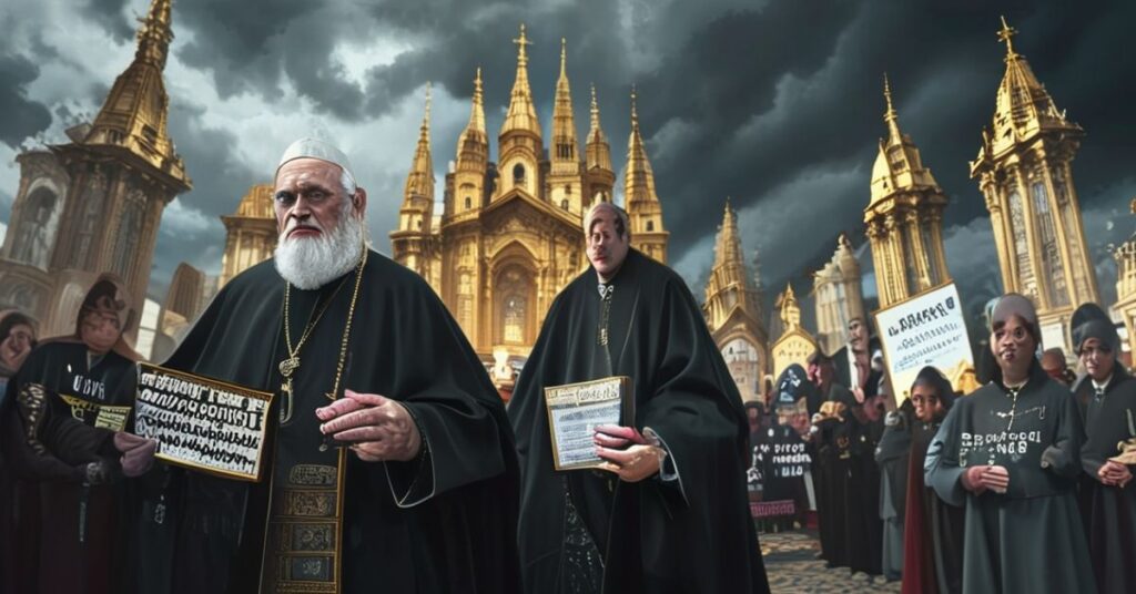 Biskup w tradycyjnych szatach liturgicznych trzymający encyklikę Quas Primas przed katedrą z burzowym niebem w tle