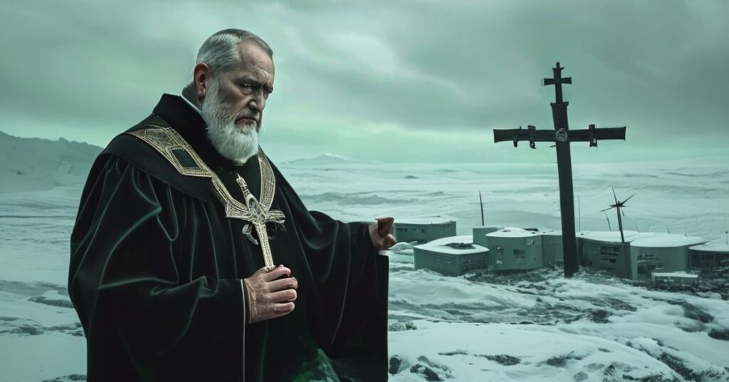 Katolicki biskup w tradycyjnych szatach liturgicznych stoi przed lodowym krajobrazem Grenlandii, trzymając duży krzyż. W tle widoczne są struktury wojskowe.