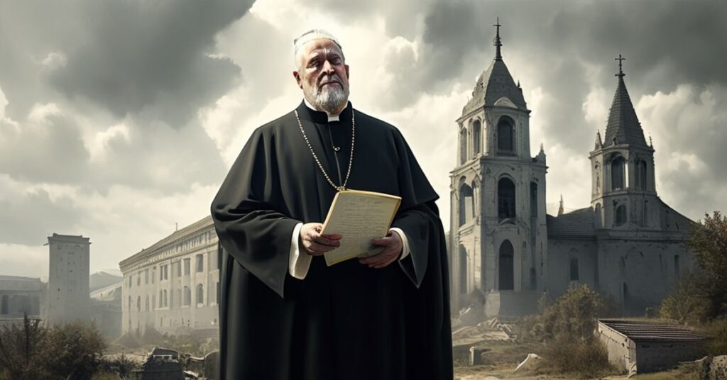 Catholic bishop w tradycyjnych szatach liturgicznych stoi przed zniszczonym kościołem w Hiroszimie, trzymając kopię Traktatu o zakazie broni jądrowej. Niebo jest pochmurne, symbolizując moralne chmury nad modernistycznym ekumenizmem.