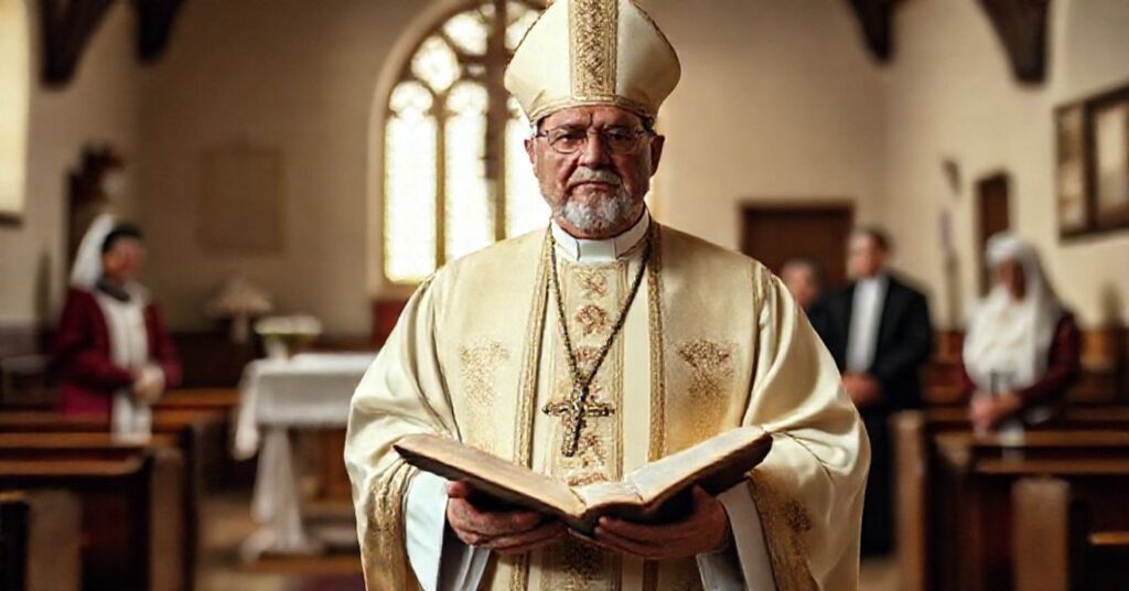 Tradycyjny biskup katolicki w pełnej stroju liturgicznym stoi przed ołtarzem kościoła z zamkniętą Biblią.