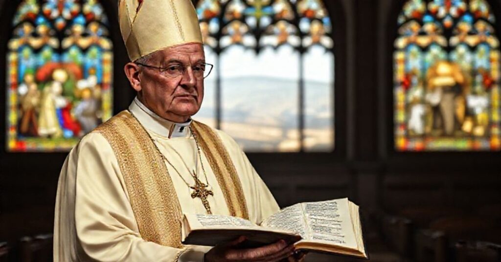 Katolicki biskup w tradycyjnych szatach liturgicznych trzymający Biblię, rozmyśla nad konfliktem izraelsko-palestyńskim w świątyni