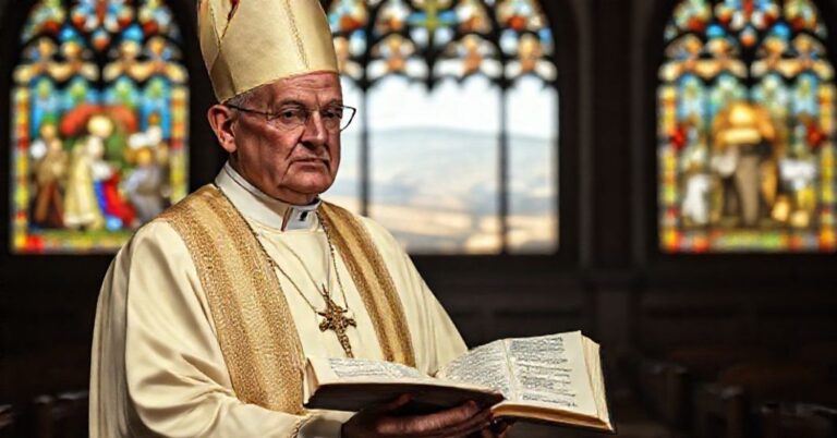 Katolicki biskup w tradycyjnych szatach liturgicznych trzymający Biblię, rozmyśla nad konfliktem izraelsko-palestyńskim w świątyni