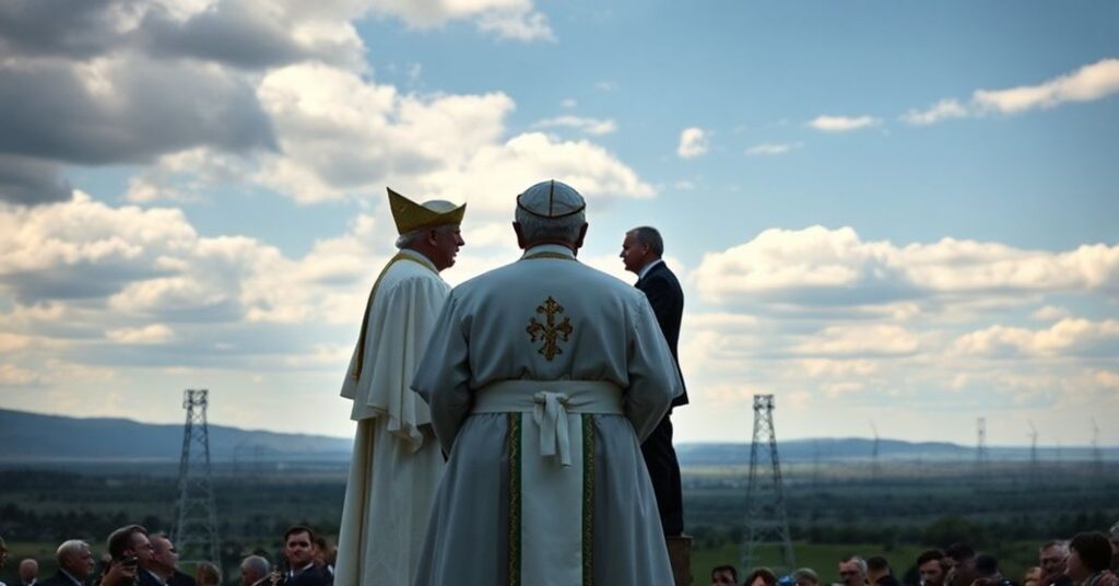 Katolicki biskup w tradycyjnych szatach modli się przed zniszczoną ukraińską krajobrazem, na tle widoczne są sylwetki Donalda Trumpa i Victora Orbana omawiające umowy energetyczne.