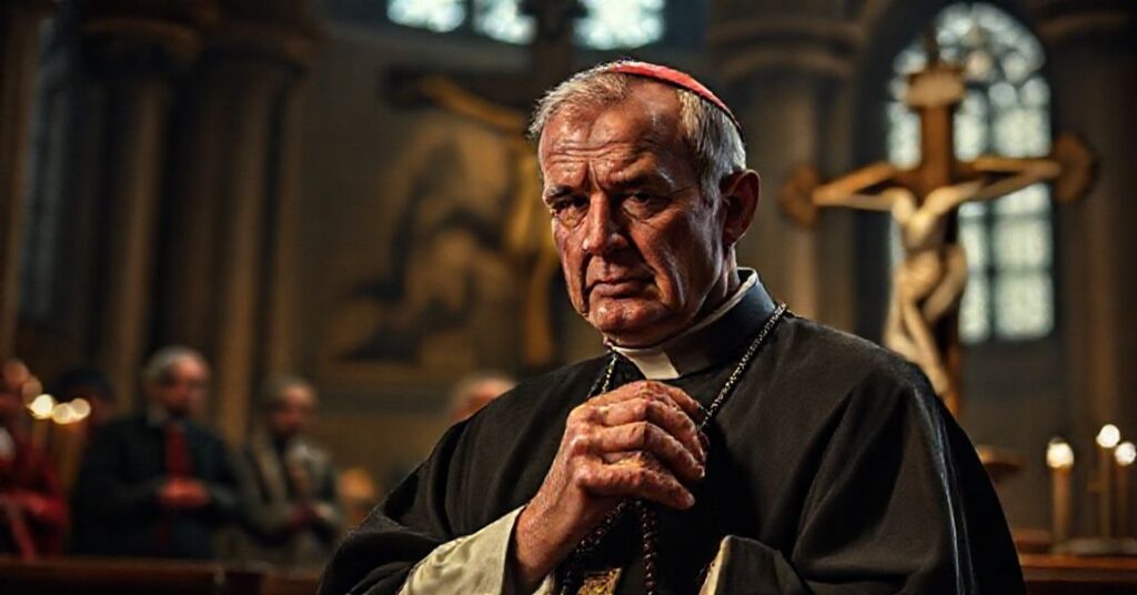 Obraz przedstawiający biskupa w katedrze z różańcem, tłem są politycy dyskutujący o wojnie i złamany krzyż.