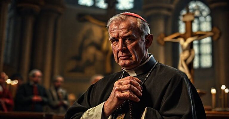 Obraz przedstawiający biskupa w katedrze z różańcem, tłem są politycy dyskutujący o wojnie i złamany krzyż.