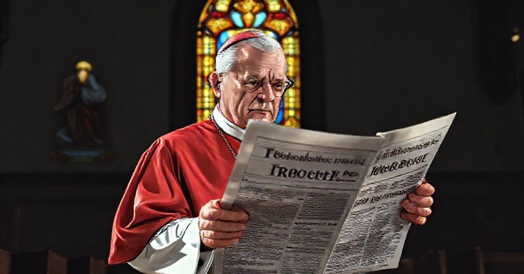 Katolicki biskup w tradycyjnych szatach liturgicznych czytający gazetę o wizycie Trumpa w Chinach w ciemnym kościele z witrażem Chrystusa Króla