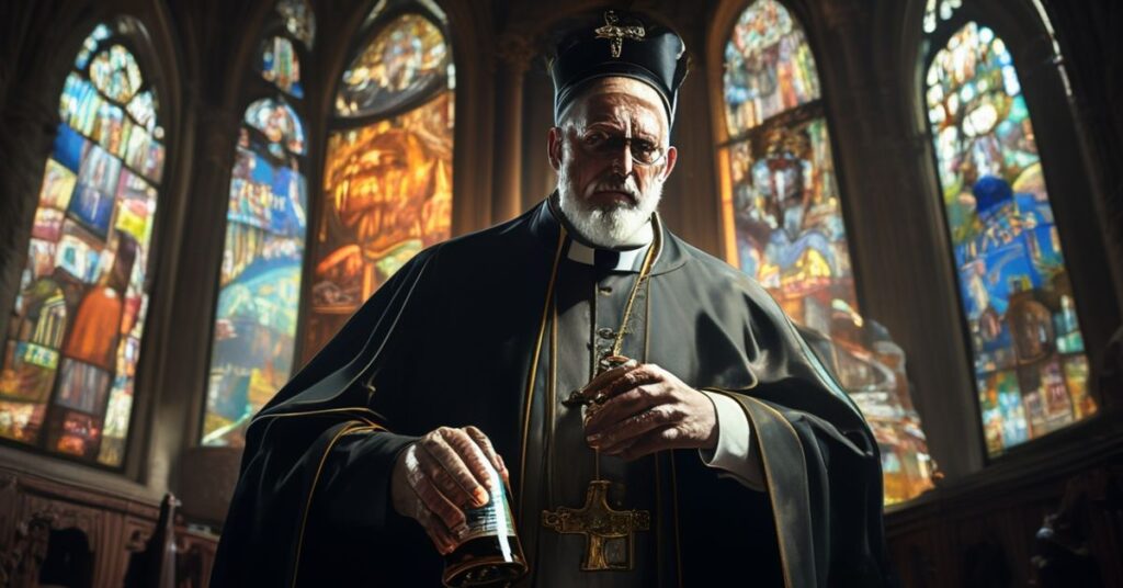 Biskup katolicki w tradycyjnej szacie liturgicznej trzyma butelkę alkoholu w katedrze, z kontrastem między współczesną reklamą a średniowiecznymi witrażami.