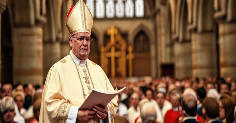 Katylicki biskup w tradycyjnych szatach liturgycznych trzyma encyklikę Quas Primasa, symbolizującą odrzucenie społecznego panowania Chrystusa Króla przez współczesnych władców politycznych.