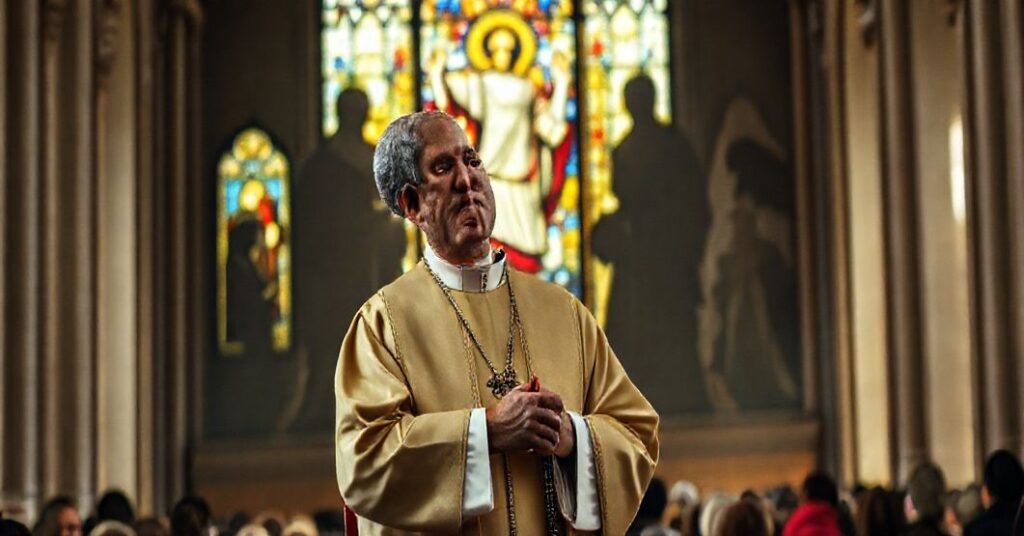 Katolicki biskup w tradycyjnych szatach, trzymający różaniec, patrzy z żalem na uchodźców, podczas gdy w tle widnieje witraż z Chrystusem Królem, symbolizując konflikt między interesami świeckimi a prawem boskim.