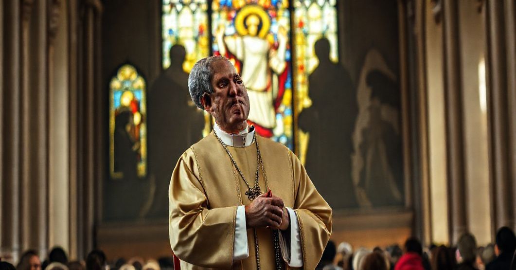 Katolicki biskup w tradycyjnych szatach, trzymający różaniec, patrzy z żalem na uchodźców, podczas gdy w tle widnieje witraż z Chrystusem Królem, symbolizując konflikt między interesami świeckimi a prawem boskim.