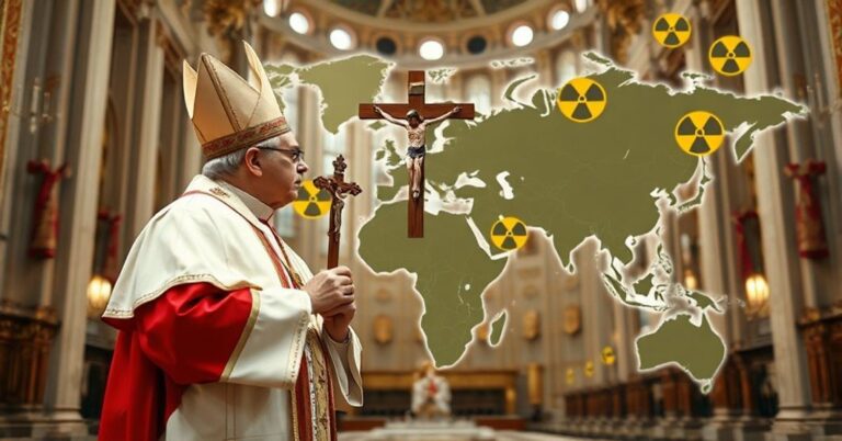 Biskup katolicki w tradycyjnych szatach liturgicznych trzyma krzyż przed mapą świata z symbolami nuklearными.