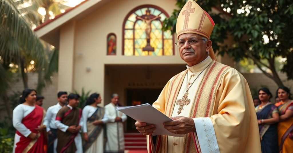 Tradycyjny katolicki biskup w pełnym ornacie stoi przed prostym kościołem w Indiach, wyrażając poważne zaniepokojenie wobec ataków na katolików.