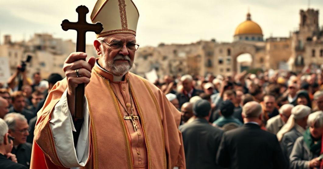 Tradycyjny biskup katolicki w szatach liturgicznych przed tłumem ludu, trzymający krucyfiks i wskazujący na strefę konfliktu w Jerozolimie.