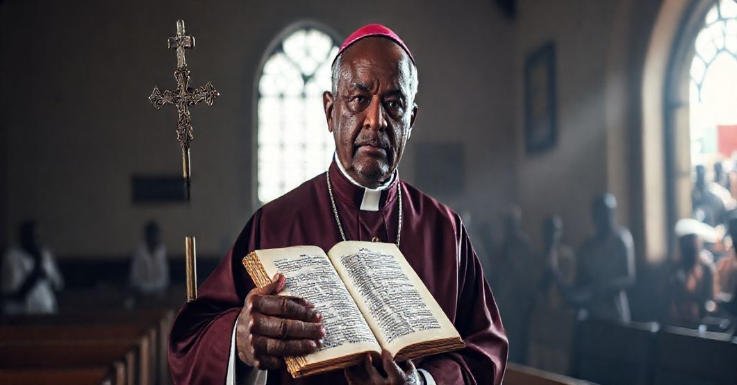 Prawdziwy katolicki biskup w tradycyjnym strój liturgiczny stoi w kościele, trzymając krucyfiks, ze zmartwychwstaniem na twarzy, z widokiem zewnętrznych zamieszek w Kamerunie na tle.