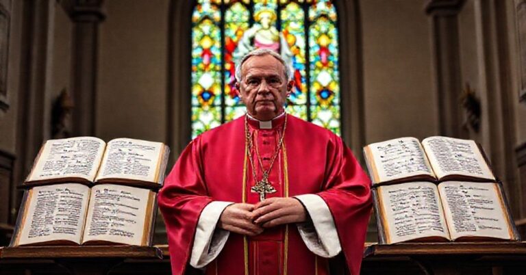 Katolicki biskup w tradycyjnych ornatach stoi przed ołtarzem kościoła w prawdziwym świetle naturalnym