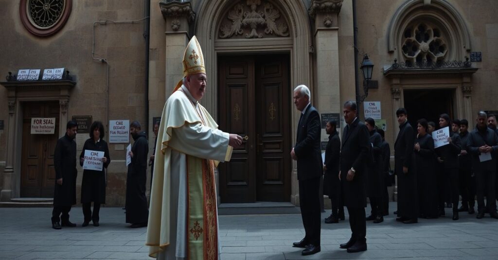 Kartun tradycyjny katolicki biskup w stroju liturgicznym podaje klucze władzy sekularnej w Katalonii