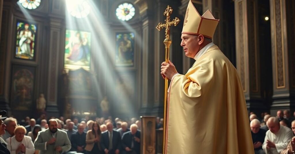 Biskup katolicki w pełnym stroju liturgicznym na kazaniu w Bazylice św. Piotra podczas Bożego Narodzenia 2025 roku.