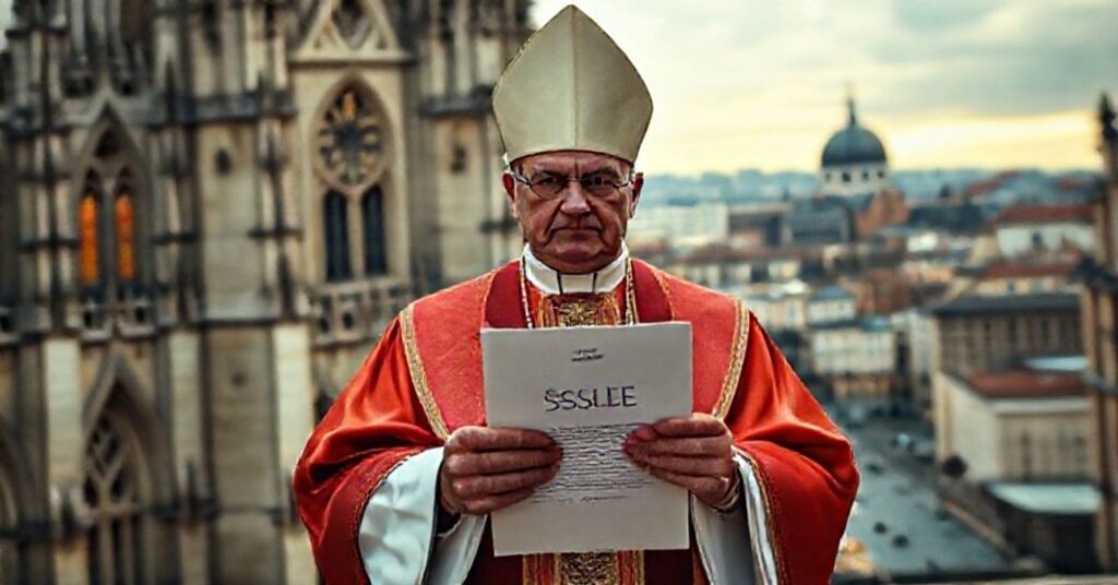 Biskup katolicki w tradycyjnych szatach stojący przed katedrą z dokumentem TSUE w ręku