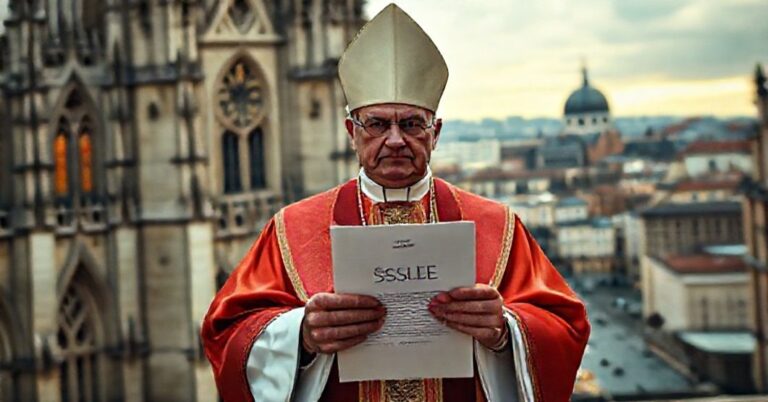 Biskup katolicki w tradycyjnych szatach stojący przed katedrą z dokumentem TSUE w ręku