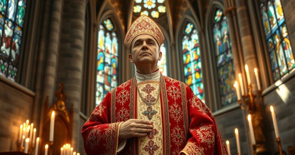 Realistyczne, sakralne zdjęcie katolickiego biskupa podczas liturgii w tradycyjnej świątyni, ukazujące duchową powagę i wiarę.