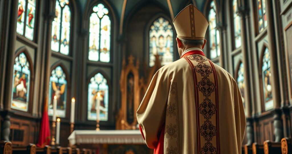 Realistyczne zdjęcie katolickiego biskupa w liturgicznych szatach, w sakralnym wnętrzu kościoła z witrażami i ołtarzem, ukazujące powagę i duchowe skupienie.
