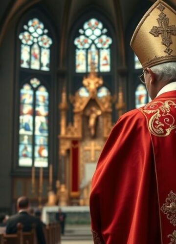 Tradycyjny katolicki biskup podczas liturgii w kościele Kostium katolickiego biskupa podczas poważnej ceremonii w tradycyjnym kościele, z wiernymi i ołtarzem w tle, ukazujący powagę i autentyczność katolickiej liturgii