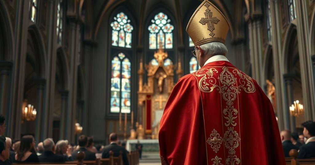 Kostium katolickiego biskupa podczas poważnej ceremonii w tradycyjnym kościele, z wiernymi i ołtarzem w tle, ukazujący powagę i autentyczność katolickiej liturgii