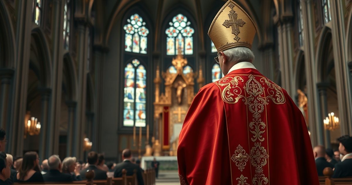 Tradycyjny katolicki biskup podczas liturgii w kościele Kostium katolickiego biskupa podczas poważnej ceremonii w tradycyjnym kościele, z wiernymi i ołtarzem w tle, ukazujący powagę i autentyczność katolickiej liturgii