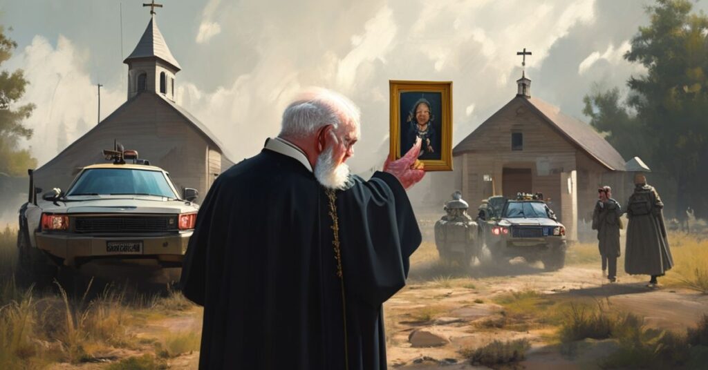 Ksiądz w tradycyjnych szatach kapłańskich modli się przed kościołem w obecności wojsk NATO, symbolizując konflikt pomiędzy porządkiem Bożym a militarizacją