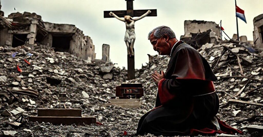 Którekolwiek tradycyjny katolicki biskup w ornaty modli się przed krzyżem w zniszczonej Gaza, symbolizując duchowe rozwiązanie konfliktu.