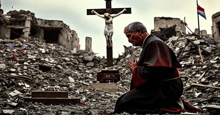 Którekolwiek tradycyjny katolicki biskup w ornaty modli się przed krzyżem w zniszczonej Gaza, symbolizując duchowe rozwiązanie konfliktu.