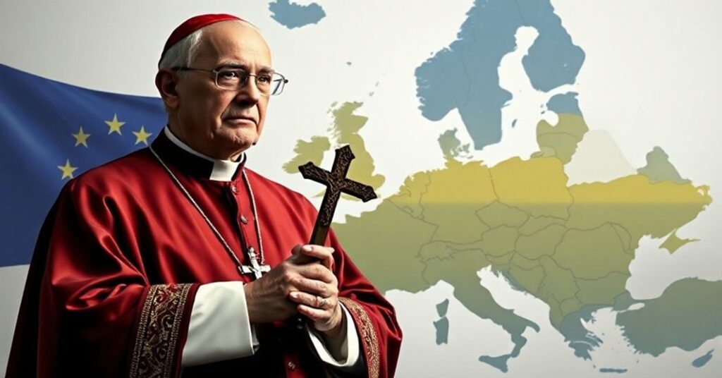 Katolicki biskup w tradycyjnych szatach stojący przed mapą Europy z zaznaczonymi Węgrami i Ukrainą, trzymający krzyż i rzucający cień moralnego osądu.