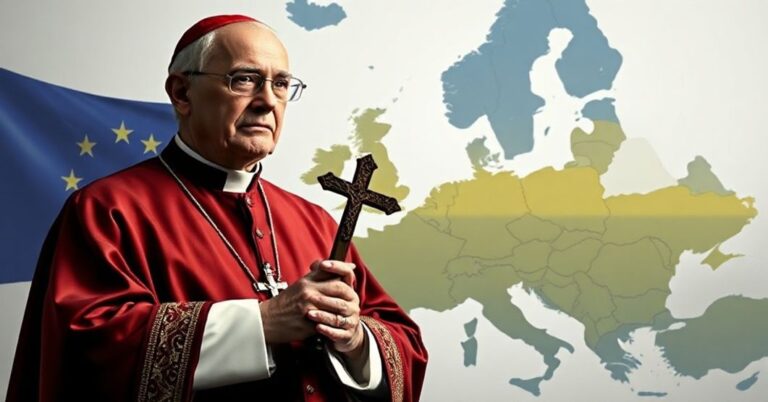 Katolicki biskup w tradycyjnych szatach stojący przed mapą Europy z zaznaczonymi Węgrami i Ukrainą, trzymający krzyż i rzucający cień moralnego osądu.