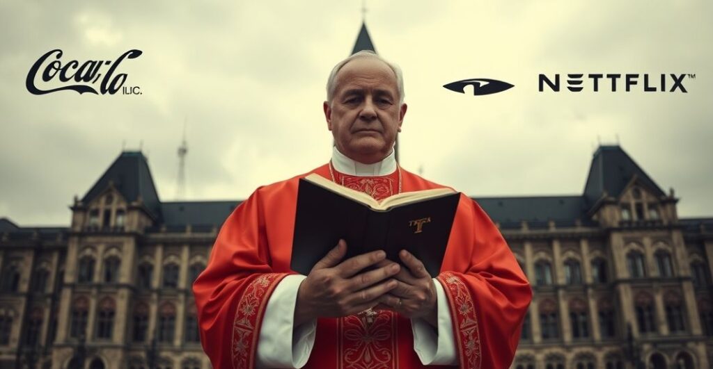 Katolicki biskup w tradycyjnych szatach liturgicznych stoi przed kanadyjskim parlamentem, trzymając zamkniętą Biblię, symbolizując upadek moralny władzy. Na tle widoczne są cienie korporacyjnych logo, ukazujące konflikt interesów.